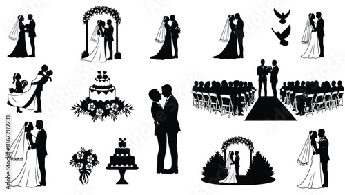 Collection of black silhouette wedding graphics and illustrations including couples brides grooms wedding cakes flowers arches and ceremony scenes for marriage and event