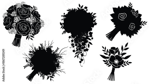 Collection of five black silhouette bouquets with varying flowers and foliage on white background for wedding decoration and floral design inspiration