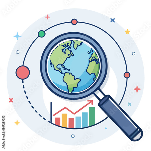 A magnifying glass examines the Earth with a graph and statistics in the background