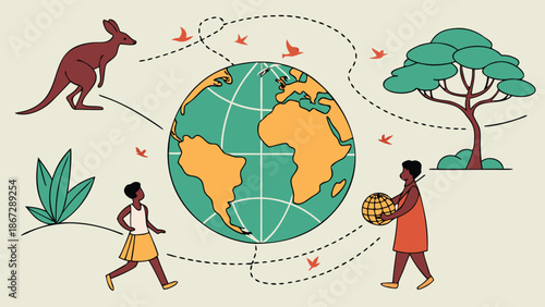 People walking around the earth with plants and animals