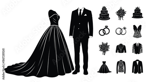 Black and white wedding illustration with formal couple and various accessories with bridal and groom and bride and marriage and gown and suit