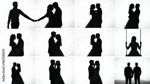 Collection of romantic couple silhouettes in various loving poses and relationships with love and intimate and kissing and holding hands and couples