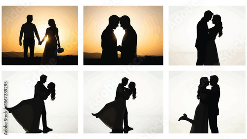 Silhouette collage of romantic couples in various loving poses at sunset and isolated white background with love and silhouettes and intimate