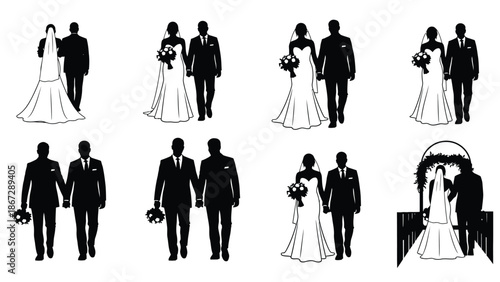 Collection of black silhouette illustrations of couples on their wedding day in various romantic poses and scenes with love and marriage and engagement