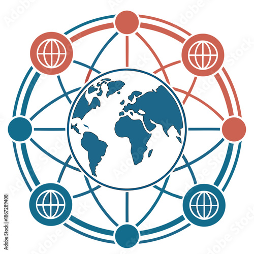 A vector graphic illustration of a globe with interconnected networks and lines