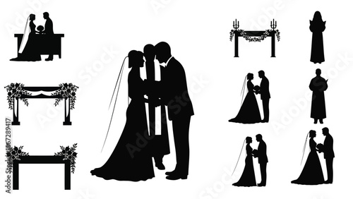 Black silhouette illustrations of romantic wedding couples and decorative floral arches for valentines day or marriage ceremony with love and vector