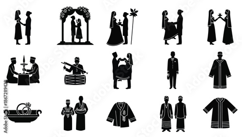 Collection of black silhouette wedding icons and graphics with people in traditional dress dancing celebrating and playing musical instruments