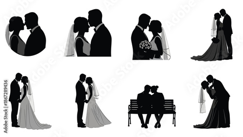 Silhouette illustrations of romantic couples in various loving poses and wedding scenes in black and white with love and relationship and intimacy