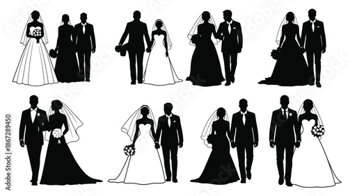 Collection of elegant black silhouettes of couples on their wedding day in various poses and dresses with bride and groom and love and romance