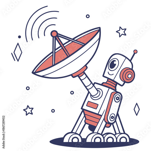 A cartoon robot holding a satellite dish in a starry space environment