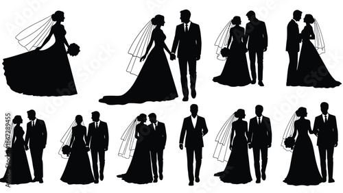 Collection of black silhouette illustrations of couples on their wedding day in various poses and outfits on white background with romance and love