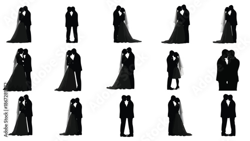 Collection of black silhouette illustrations of couples in romantic poses on white background for wedding and love concepts with graphic and romance
