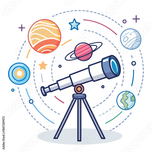A colorful vector illustration of a telescope surrounded by planets and stars