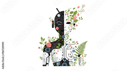 Striking depiction of a humanoid robot torso, half intricate circuit board and half lush natural foliage, symbolizing the profound integration of technology with nature.