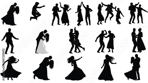 Collection of black silhouette illustrations of couples and individuals dancing in various poses on white background for design and decoration