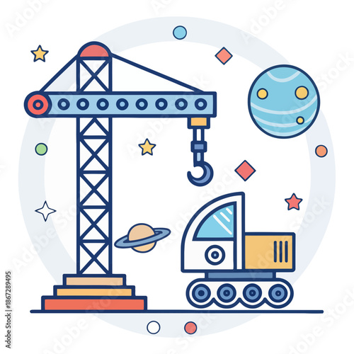 A colorful vector illustration of a crane and truck in space