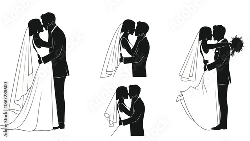 Romantic wedding couples kissing silhouettes in various poses on white background with romance and love and marriage and engagement and valentines