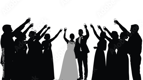 A silhouette of a newlywed couple and their friends raising glasses in a toast on a white background with wedding and celebration and party and love