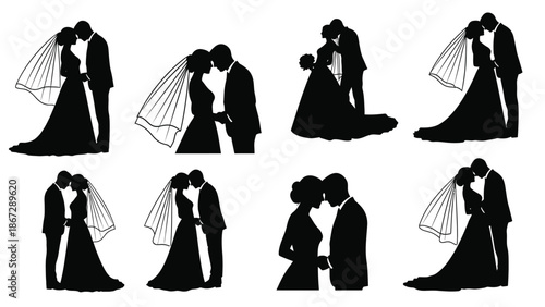Elegant black silhouette illustrations of romantic couples in various wedding poses and kissing scenes with romance and love and valentine and engagement
