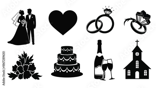 Black silhouette wedding icons set including couple bride groom heart rings cake flowers church champagne with wedding planning and marriage