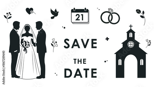 Black silhouette illustration of same sex wedding with save the date text and church with wedding illustration and LGBTQ and wedding invitation