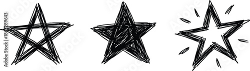 Three Black Scribble Stars Vector Illustration Rough Drawing Rating Ranking Icons