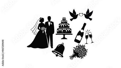Black silhouette illustration of wedding couple with cake champagne and flowers for celebration with love and romance and marriage and engagement