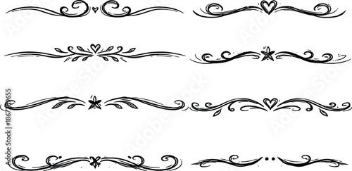 Hand Drawn Sketch Dividers Vector Set Black Brush Stroke Horizontal Rules Flourishes Hearts Stars Leaves Whimsical Decoration Elements
