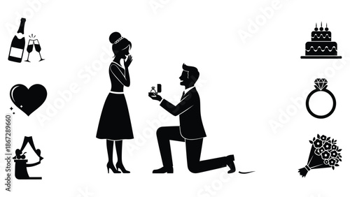 Man proposing to woman with engagement ring surrounded by romantic symbols with proposal and romance and love and wedding and heart and champagne