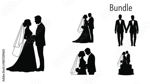 Collection of wedding couples in various romantic poses and silhouettes for marriage and love themed designs with romance and illustration and vector