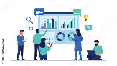 Collaborative team of business professionals discussing and analyzing data, charts, and ideas displayed on a large screen, surrounded by icons, highlighting strategic planning.