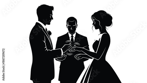 Silhouette of a wedding ceremony with bride groom and officiant exchanging vows in a formal silhouette with silhouette illustration and bride and groom