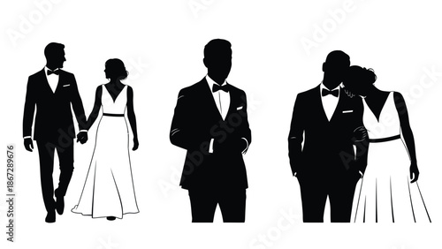 Elegant silhouettes of formally dressed couples on white background for wedding or event invitations with romantic and love and relationship