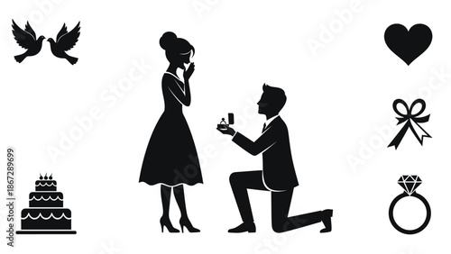 Man proposing to woman with ring on one knee surrounded by heart cake doves and bow with proposal and engagement and romance and love and couples