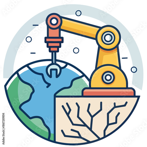 A robotic arm holds a wrench over the Earth from space