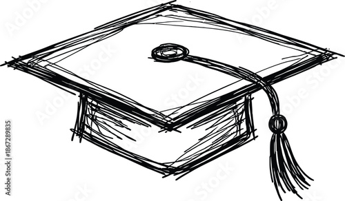 Black and White Hand Drawn Sketchy Graduation Cap Mortarboard with Tassel Vector Illustration