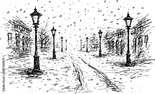 Hand Drawn Black and White Ink Sketch of Winter Street with Lampposts and Falling Snow Vector