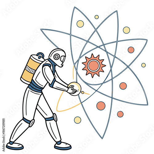 A spaceman in a spacesuit holding an atom with colorful electrons