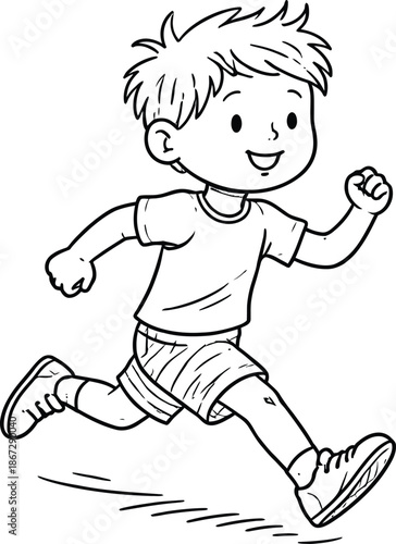 Cartoon line drawing of a happy young boy running Ideal for coloring book pages or kid activity graphics
