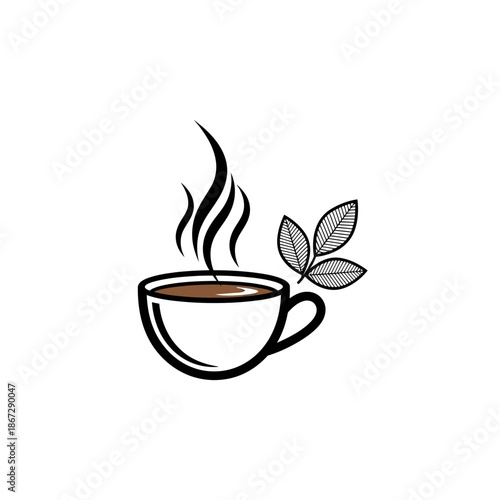 Steaming cup of coffee with leaf garnish on white background
