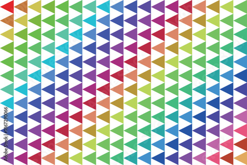 Vibrant multicolored triangle pattern illustration with rows of chevron shapes in various colors on white background for design and decoration