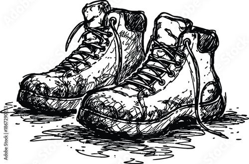 Monochrome ink drawing of pair of rugged hiking boots or trekking shoes vector