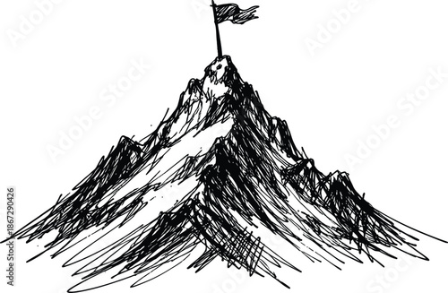 Hand drawn sketch of mountain peak with flag symbol of achievement and success scribble style black and white vector