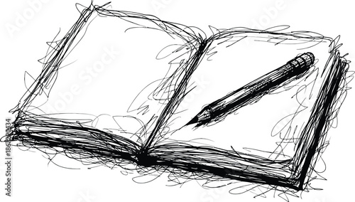 Scribbled Open Notebook and Pencil Hand Drawn Sketch Vector Illustration for Ideas and Creativity
