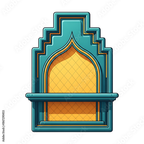 Teal and yellow arched window with patterned fill geometric