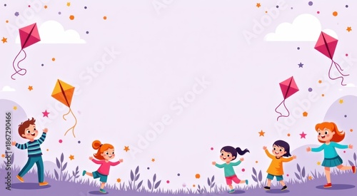 Many children playing with kites in the field copy space