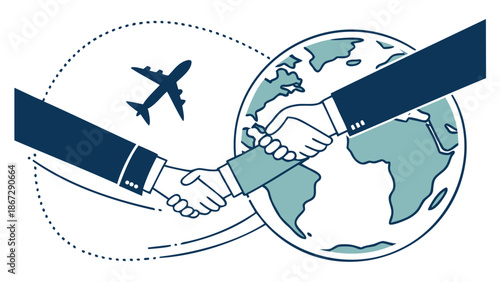 Global business partnership handshake over world map with airplane