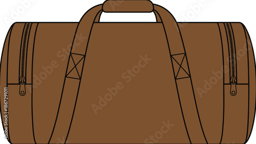 Brown duffel bag vector illustration, travel gym luggage with shoulder straps zipper details isolated on white background flat design equipment accessory