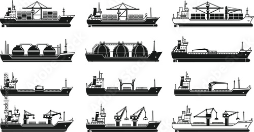 Cargo ship silhouette vector collection, container tanker bulk and crane vessels set, maritime freight transportation shipping industry icons isolated on white background