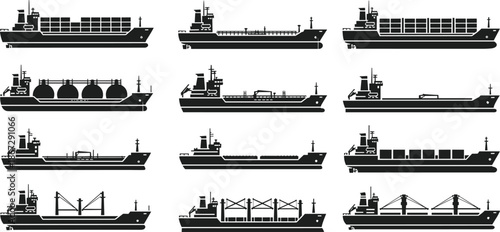 Cargo ship silhouette vector set, commercial freight vessels tanker container bulk carrier icons, maritime transportation shipping industry isolated on white background